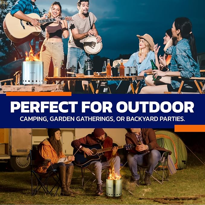 CAMPIOR Wood Burning Fire Pit Stove - Smokeless Outdoor Stove for Wood Fires, Camping, Cooking, and Garden Gatherings, Durable, Stainless Steel with Removable Ash Pan, with Stand and Black Carry Bag