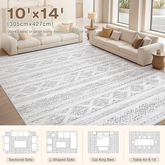 Tortania Area Rug Living Room Rugs - 10x14 Washable Large Soft Neutral Boho Moroccan Bohemian Farmhouse Rug Indoor Floor Carpet for Bedroom Under Dining Table Home Office Decor - Ivory Gray