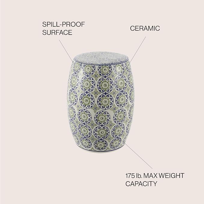 JONATHAN Y Lula 17.25" Chinoiserie Ceramic Drum Garden Stool, Traditional Floral Indoor/Outdoor Patio Side Table, Plant Stand, Blue/Green TBL1025A