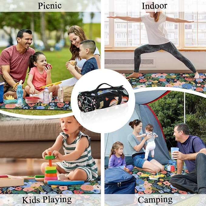 Picnic Blankets Waterproof Foldable Extra Large,80"x 80" Outdoor Beach Blanket Sandproof,3-Layer Lightweight Handy Mat Tote Picnic Camping Rugs for Outside Your Rv (Garden Party Floral Navy)