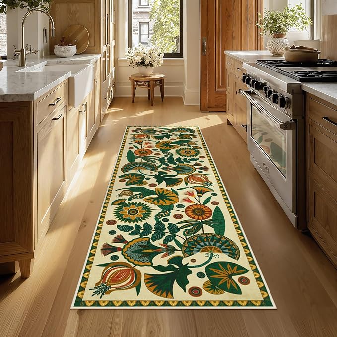 Joydeco Egypt Floral Washable 2x6 Rug Runners for Hallways Entryway Kitchen | Boho Botanical Colorful Non Slip Stain Resistant Low Pile Flower Indoor Carpet Runner for Entry Laundry Room Bathroom, Beige