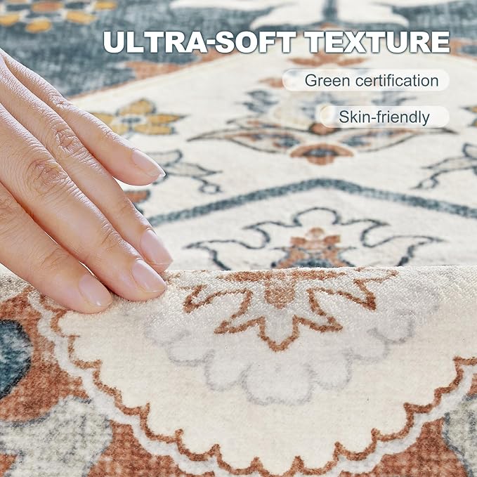Washable Area Rug-10X14 Vintage Neutral Soft Vintage Blue | Non Slip Thin Foldable Large Floor Carpet for Living Room Bedroom Kitchen Dining Room Home Office Farmhouse Indoor