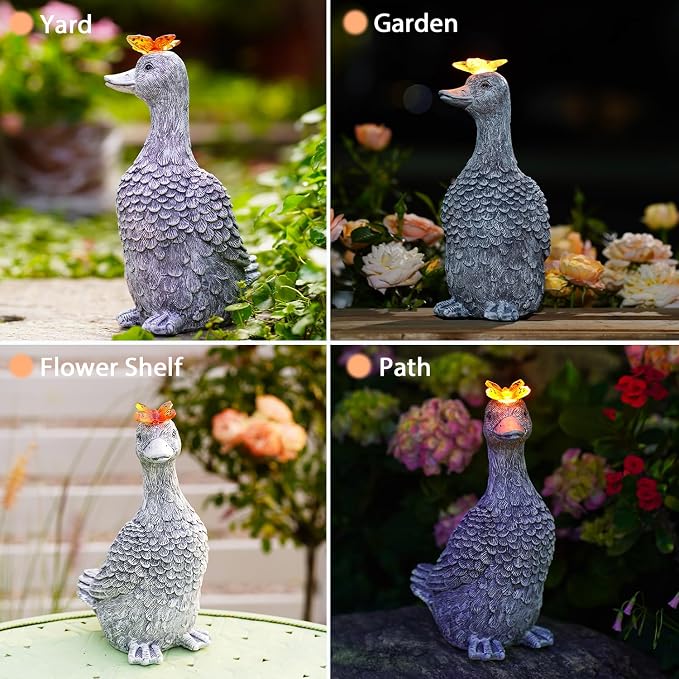 Solar Garden Statue Goose Figurine | Outdoor Decoration with Butterfly for Garden Yard Lawn Home Decor Outside : Unique Gifts for Mom Grandma