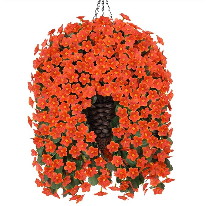 HyeFlora Artificial Fake Hanging Flowers Plants Baskets for Winter Christmas Outdoor Outside, Faux Silk Orange Daisy in Planter UV Resistant Orchid for Home Porch Garden Yard Patio Decor