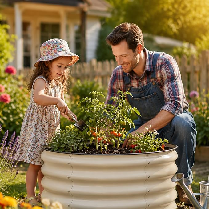 SnugNiture Raised Garden Bed, 2 PCS 2×2×1.5ft Round Galvanized Outdoor Planter Box, 17" Tall Deep Metal Garden Bed Kit for Planting Vegetables, Fruits, Flowers, White