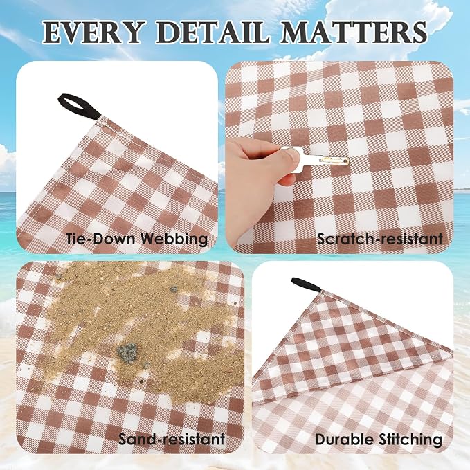 Fammart Pocket Picnic Blanket Sandproof Waterproof, Portable Lightweight Camping Tarp, Quick Dry Foldable Compact Beach Mat with Corner Pockets & Stakes for Festivals Hiking Outdoor Essentials