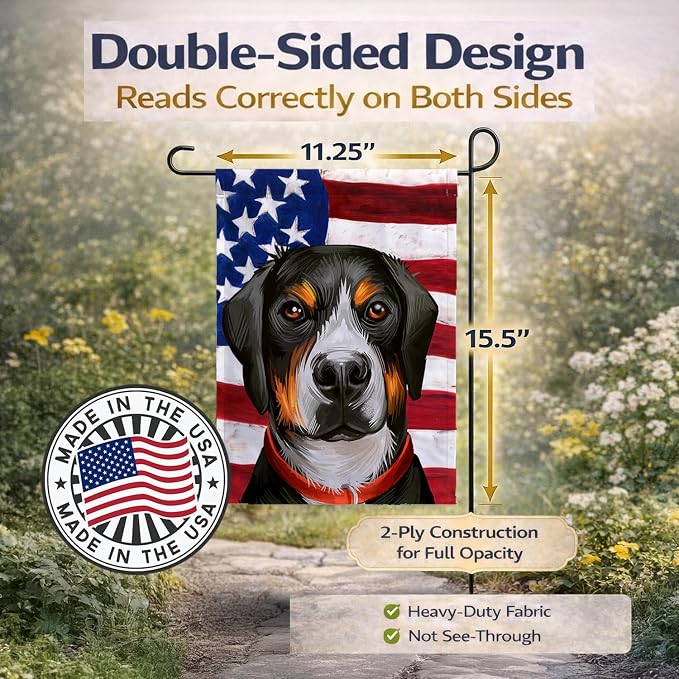 Caroline's Treasures CK6548GF Greater Swiss Mountain Dog American Flag Garden Flag Mailbox Flag Decorative Yard Flag Banner Outside Patio Artwork Yard Flower Beds, Garden Size, Multicolor