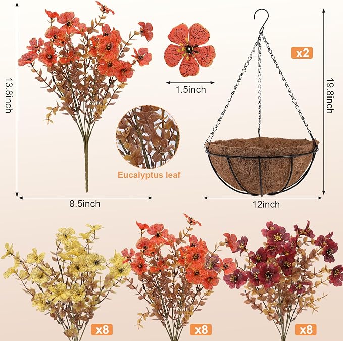 2 Set Artificial Hanging Basket Fall Flowers, UV Mixed Mums for Outdoors | Fake Faux Look Real Mums Plants for fall Decor Thanksgiving Displays Front Doors Patios Balconies Yards