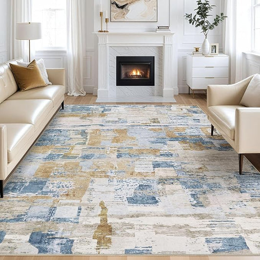 kakania Abstract 11x14 Area Rugs for Living Room: Washable Rugs Blue | Soft, Non-Slip, Low-Pile, Pet & Kid Friendly - Large Modern Home Decor Carpet for Bedroom/Dining Room/Office/Nursery