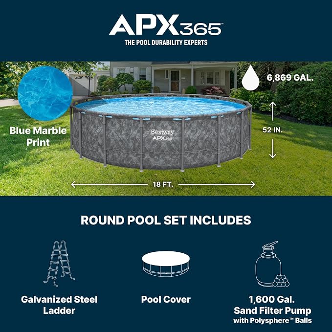 Bestway APX 365 18' x 52" Above Ground Pool Set with Sand Filter Pump | Long-Lasting All-Season Swimming Pool with Galvanized Steel Frame - Ladder, Cover, and Polysphere Filtration Balls Included