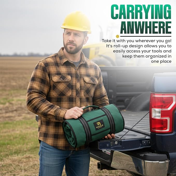 Roll Up Tool Bag Organizer – Heavy Duty Canvas Tool Roll Bag, Tool Roll Up with 5 Oversized Labeled Pockets & Carabiners, Portable Roll Up Tool Organizer for Mechanic, Truck & Car (Green)