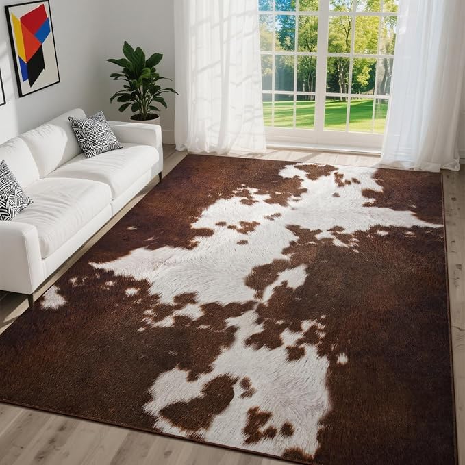 DweIke Cow Print Rugs for Living Room, 8x10 Large Soft Faux Animal Cowhide Area Rug, Washable Non-Slip Stain Resistant Throw Carpet for Dining Room Office Western Home Decor, Red Brown