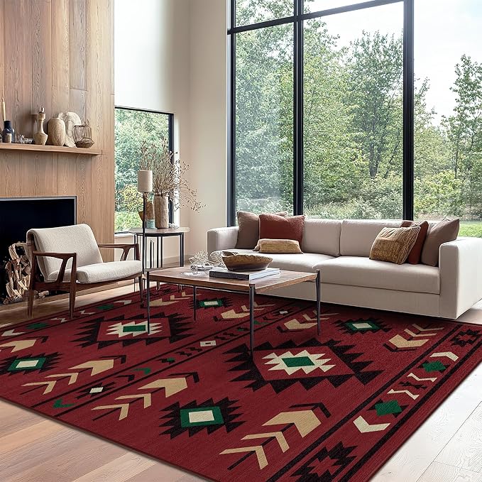 8x10 Area Rug for Living Room Western Rug Southwestern Aztec Tribal Rugs Southwest Navajo Machine Washable Non-Slip Printed Low-Pile Floor Carpet for Bedroom Dining Room Office, Red