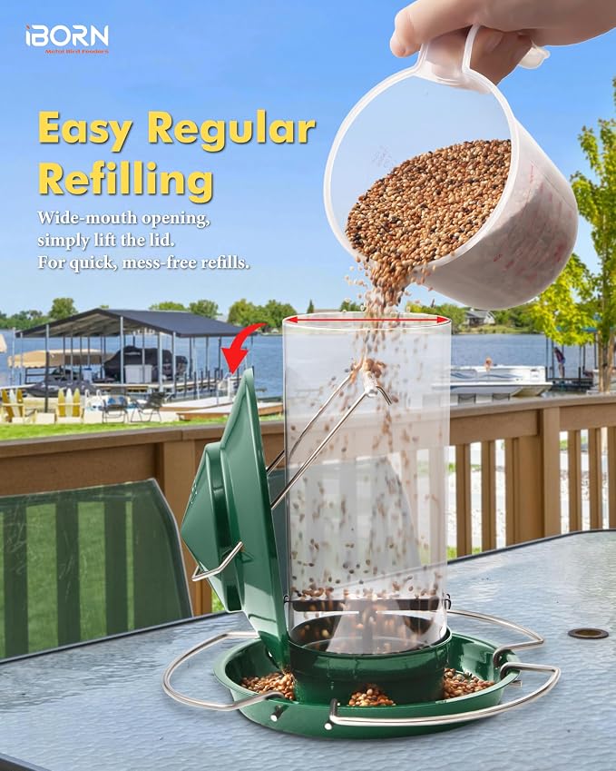 iBorn Bird Feeder Metal Squirrel Chew-Proof Bird Feeders for Outdoors Hanging for Cardinal Outside, Holds 1.32LB Seed with 3 Perchs, Green (Seed is not Included)
