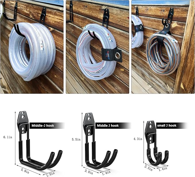 3-H Garden Hose Holder Wall Mount 4 Pack Solid Steel 5.9 Inch Extended Arm Compact Hose Hanger Heavy Duty Water Hose Holders for Outside,Black