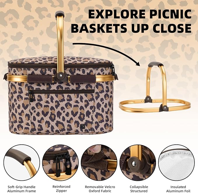 ALLCAMP Picnic Basket - Insulated Cooler, Thickening Foldable Picnic Basket with Removable Baskets & Sewn-in Frame, Basket for House Warming Gifts New Home(Leopard Print)