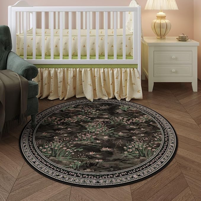 Rugcomf Circle Rug Impressionist-Style Vintage Round Rug 6ft Non Slip Low Pile Small Circular Rug for Bedroom Bathroom Entryway Kids Room Office College Dorm, Black