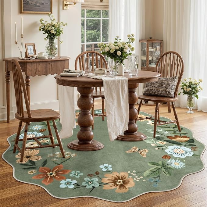 Lahome Floral Washable Round Area Rug, Soft Round Rug 5ft Soft Non-Slip | Non-Shedding Boho Circle Carpet for Bedroom Living Room Bathroom Nursery Kitchen, Green