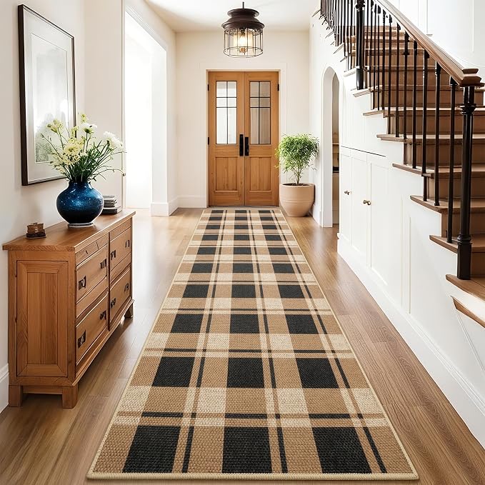 2x8 Checkered Jute Runner Rug for Kitchen Indoor Floor Area Carpet | Washable Jute Area Rug With Non-Slip Backing, Low-Pile Texture, Farmhouse Geometric Pattern In Neutral Brown/Black, Durable