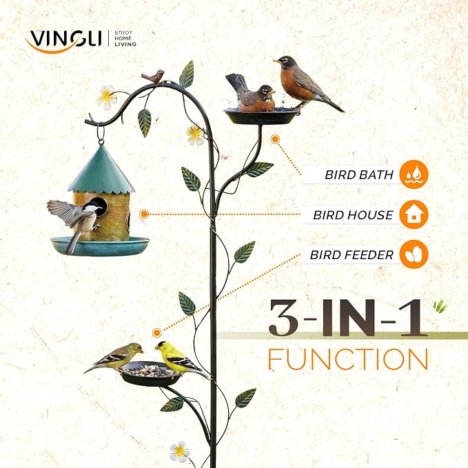 VINGLI 74.8" H Metal Bird Bath with Bird House, Outdoor Bird Bath with Stakes, 3-in-1 Bird Feeder for Patio, Garden, Yard, Lawn (Hanging Bird House)
