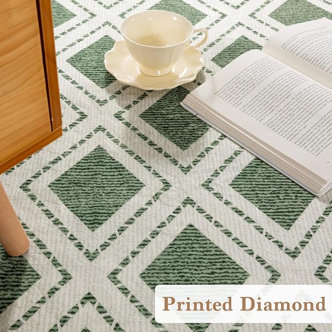 LBRO2M Machine Washable Rug Soft Pet Friendly Carpet 8X10 Green | Checkered Rug 8X10 for Living Room, Bedroom, Dining Room, Home Office, Non Slip Carpet, Foldable Stain Resistant Rugs
