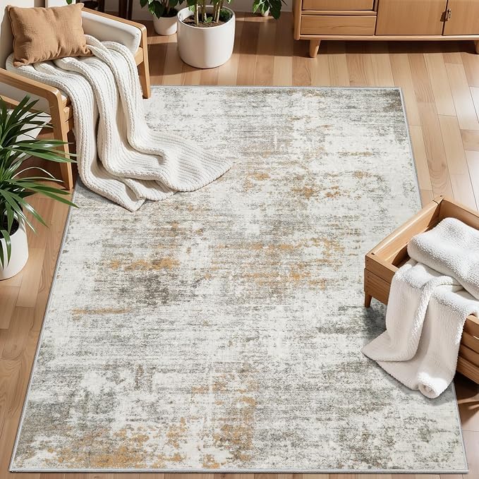 Tangsoo Abstract 3x5 Washable Area Rug, Modern Non Slip Indoor Accent Rugs | Contemporary Print Neutral Carpet, Soft Low Pile Foldable Rugs for Living Room Bedroom Bedside Entryway Beige Grey Home Decor