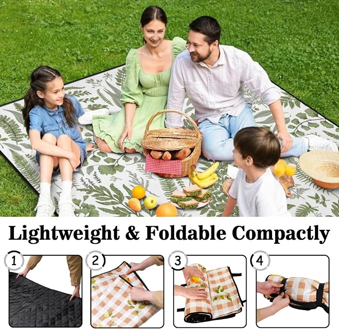 Picnic Blankets Waterproof Foldable Extra Large,80"x 80" Outdoor Beach Blanket Sandproof,3-Layer Lightweight Handy Mat Tote Picnic Camping Rugs for Outside Your Rv (Botanical Fern Plant)