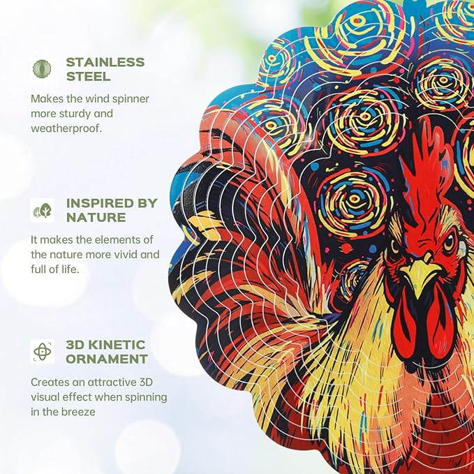 Rooster Wind Spinners Outdoor for Mother's Day, IDEA SHOW 12In Stainless Steel Wind Spinners, 3D Kinetic Hanging Sculpture, Rustproof Metal Garden Decor Ornaments for Yard Art, Women, Men, Holidays