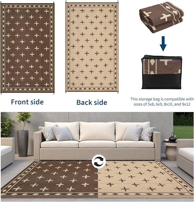 Waterproof Outdoor Rug 8x10, Modern Reversible Plastic Straw Patio Camping Rugs, Outdoor Indoor RV Mat Carpet for Patio, Outside Entry, Backyard, Deck, Bench, Picnic, Camper，Brown/Coffee