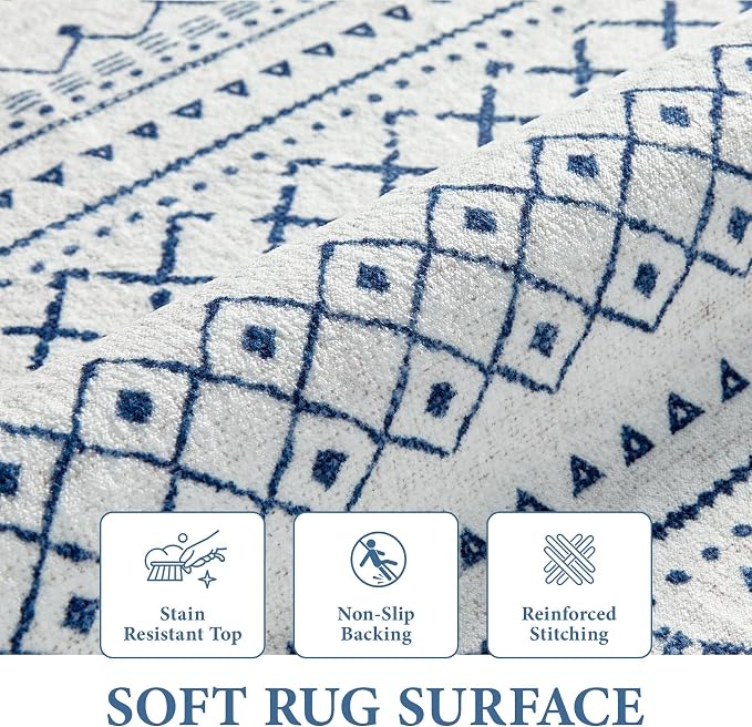 Area Rug for Living Room 6x9: Large Washable Boho Moroccan Rugs Geometric Neutral Rug, Non-Slip Foldable Morden Farmhouse Indoor Floor Carpet for Bedroom Dining Table Home(Blue,6'X9')