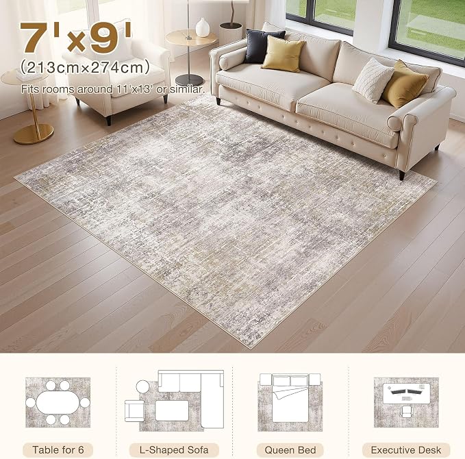 kakania Abstract 7x9 Area Rugs for Living Room: Washable Rugs Brown Gold | Soft, Non-Slip, Low-Pile, Pet & Kid Friendly - Modern Home Decor Carpet for Bedroom/Dining Room/Office/Nursery
