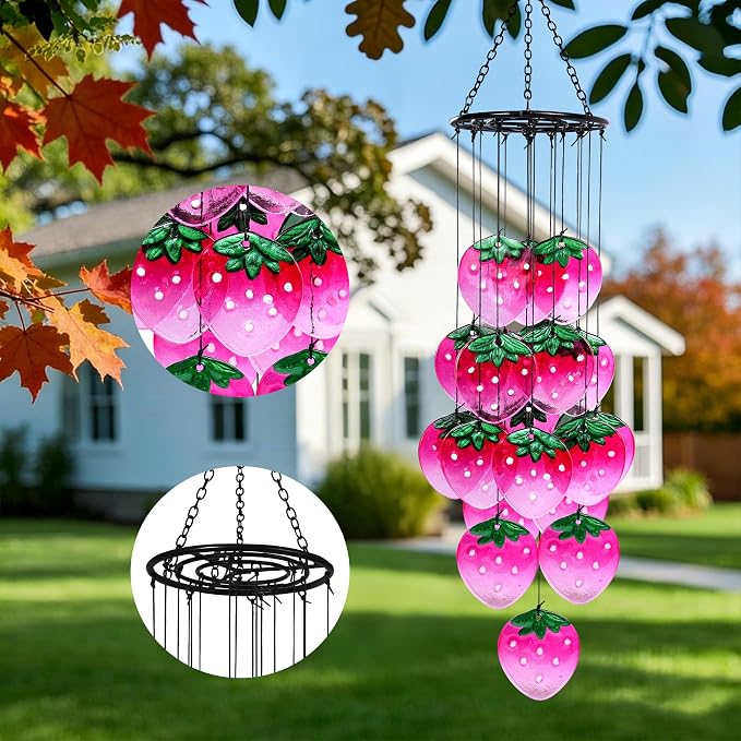 Glass Strawberry Wind Chimes - Hand-Painted Glass Strawberry Suncatcher for Window,Outdoor Garden Decor,Colorful Strawberry Ornaments Hanging Wall Art for Patio,Unique Memorial Gifts for Women & Mom