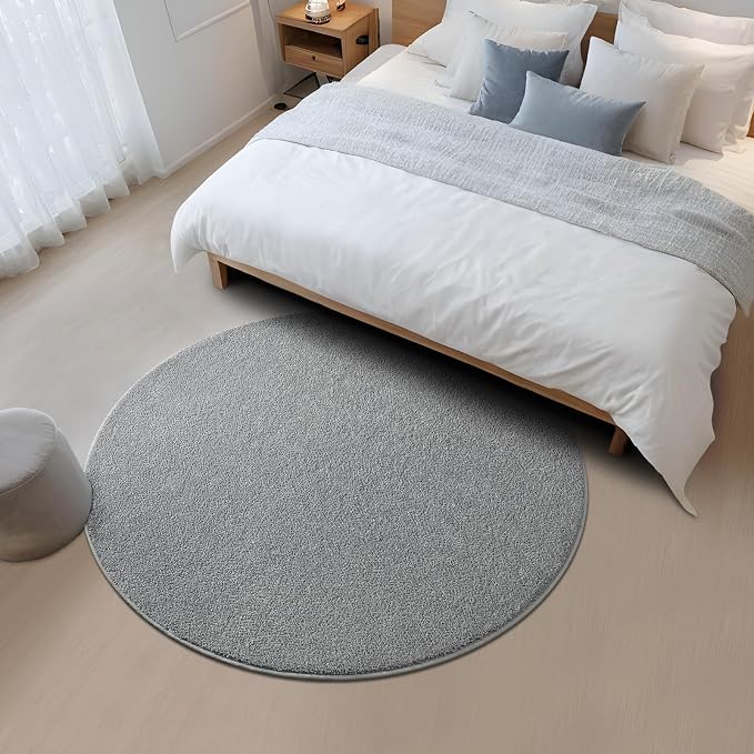 4' Grey Round Area Rug Modern Solid | Washable Memory Foam, Low Pile Non Slip Indoor Carpet for Living Room Bedroom Office Classroom College Dorm Room Home Decor
