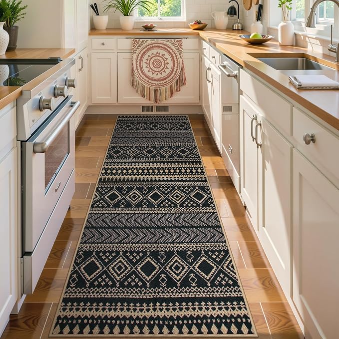 Lahome Boho Kitchen Runner Rug, 2x8 Easy Jute Laundry Room Rug | Black Distressed Print Geometric Stain Resistant Indoor Outdoor Runner for Hallway