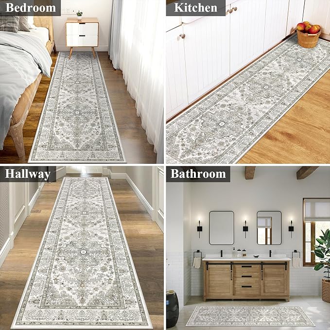 U'Artlines 2' x 8' Boho Hallway Runner Rug, Non Slip Runners, Grey Taupe | Washable, Vintage Farmhouse Kitchen Rug, Accent Area Carpet, for Entryway Laundry and Living Room