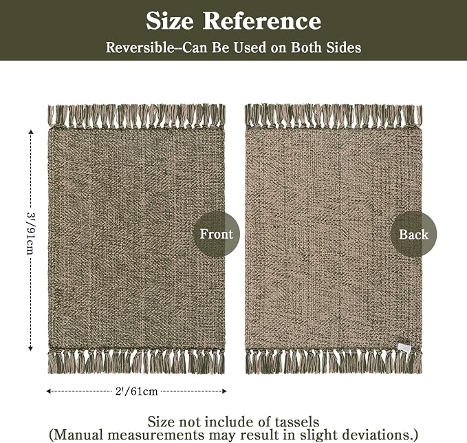 Boho Bathroom Rug 2' x 3', Modern Farmhouse Rugs for Entryway | Moss Green Washable Kitchen Mat, Hand-Woven Front Under Doormat Layering Rug, Reversible Porch Carpet for Laundry Bedroom
