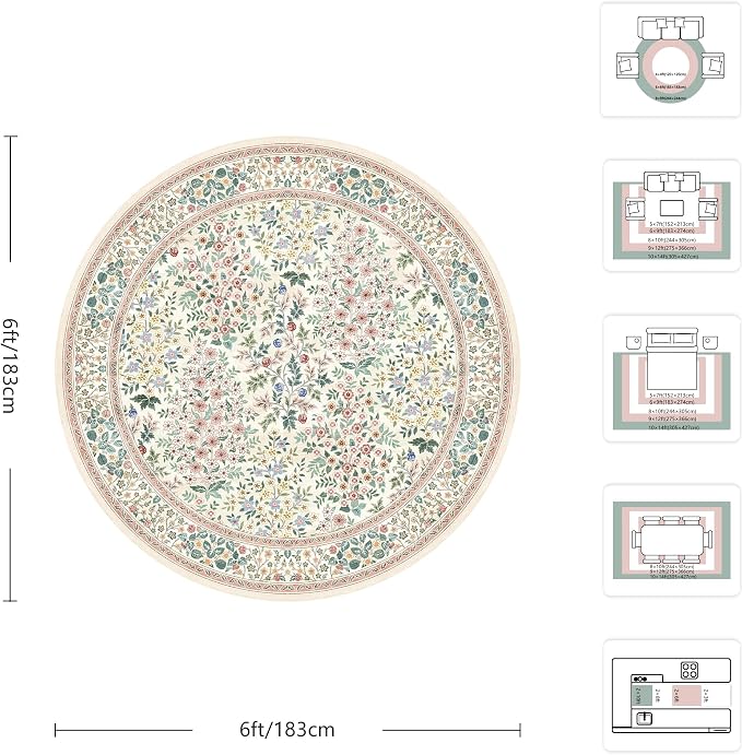 6FT Round Area Rugs, Machine Washable Low Pile Floral Rugs for Living Room, Bedroom, Large Boho Area Rug with Non-Slip Backing for Dining Room(Pink Floral)