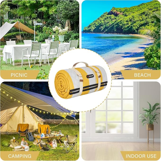 HX&OD Outdoor Picnic Blanket Extra Large, 80''*80'' Waterproof Picnic Mat with Stakes Foldable Camping Blanket Portable with Carry Strap for Beach Mat (Yellow& White, 80''*80'')