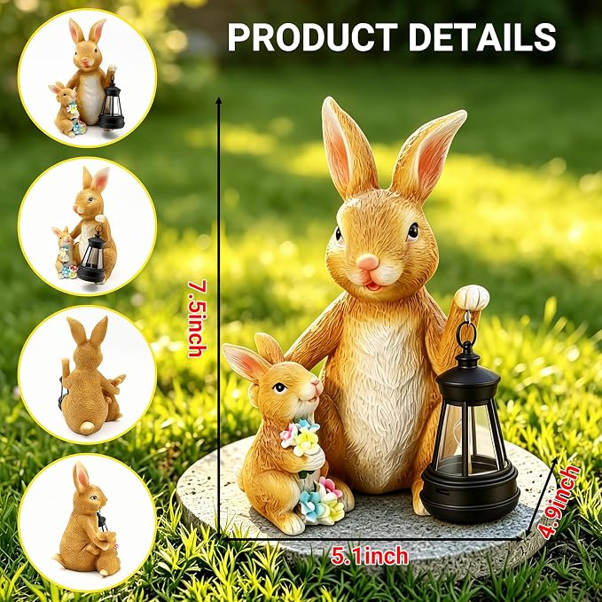 Solar Bunny Garden Statue with LED Lantern, Waterproof Resin Figurine | for Tabletop, Patio, Lawn & Easter Garden, Cute Outdoor Decor, Unique Housewarming & Birthday Gift for Women, Mom & Grandma