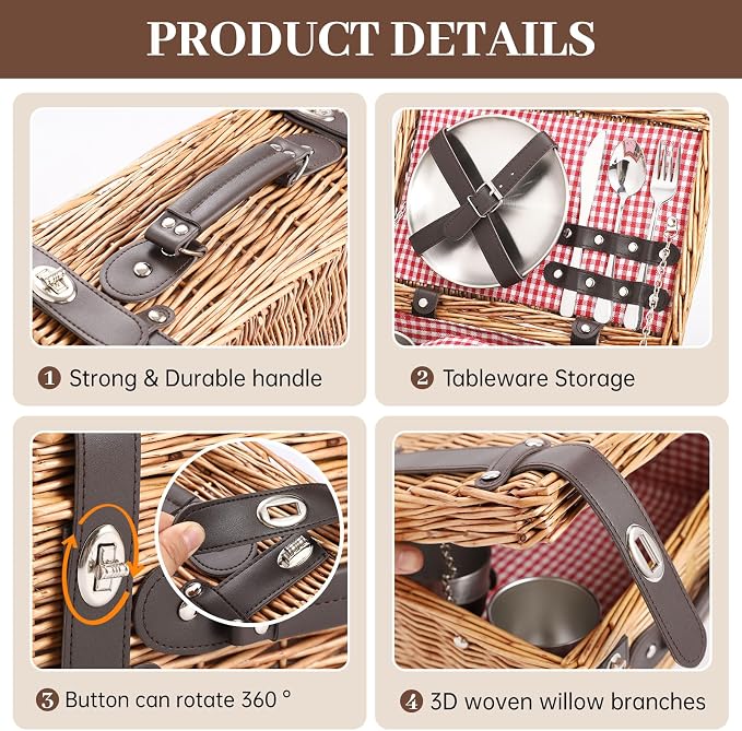 Picnic Basket Set for 2, Wicker Picnic Baskets with Waterproof Blanket and Cutlery Service Kit, Willow Hamper for Camping, Outdoors, Valentine's Day, Christmas, Birthday, Wedding Gift