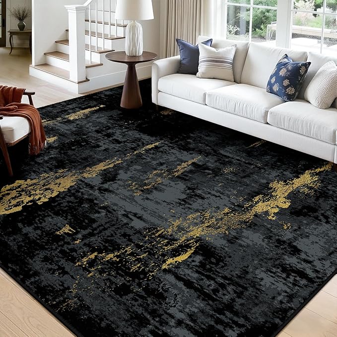 RELEANY Washable Square 10' x10' Area Rug for Living Room Black Gold | Carpet for Bedroom, Kitchen, Office, Hallway and Entryway, Printed Pattern, Non‑Slip, Soft, Stain‑Resistant, Easy to Clean