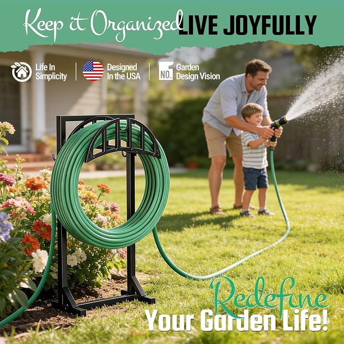 YQSLYSF 2 Pack Garden Hose Holder, Water Hose Stand with 4 Stake and 2 Tool Hooks, Heavy-Duty Metal Hose Storage Holds 150Ft, Freestanding Hose Hanger Rack for Outside, Yard, Lawn, Farm