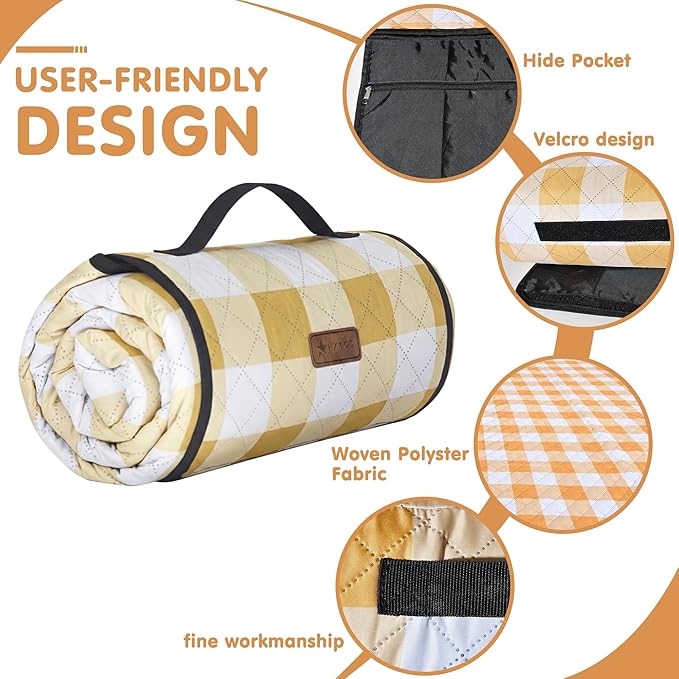 HX&OD Outdoor Picnic Blanket, Extra Large, 80''x80'' Waterproof Foldable Blankets Gingham Picnic Mat for Beach, Camping Grass Lawn Park Accessories Cute Couple Ideas Wedding (Yellow, 80”x80”)