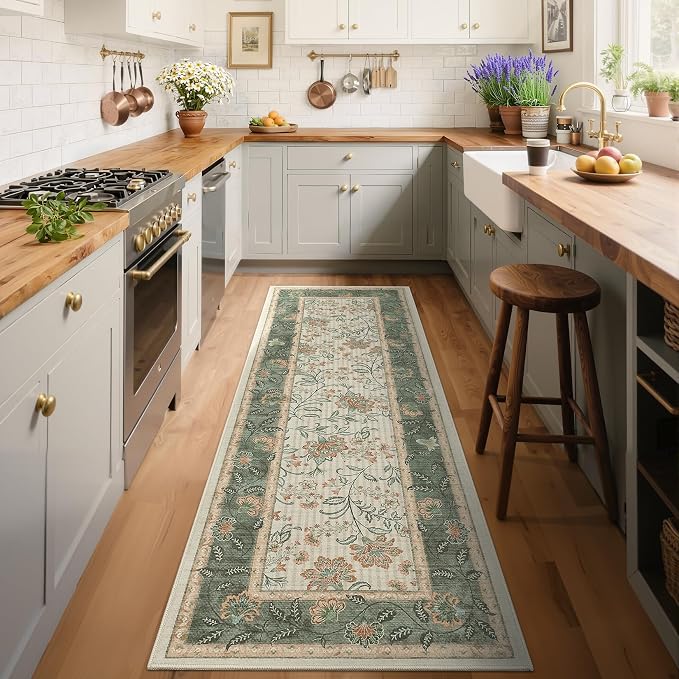 GarveeHome 2x6 Washable Runner Rug Sage Green Non Slip Kitchen Runner | Hallway Soft Botanical Floral Farmhouse Laundry Mat Stain Resistant Carpet for Bedroom Bathroom Bedside Rug