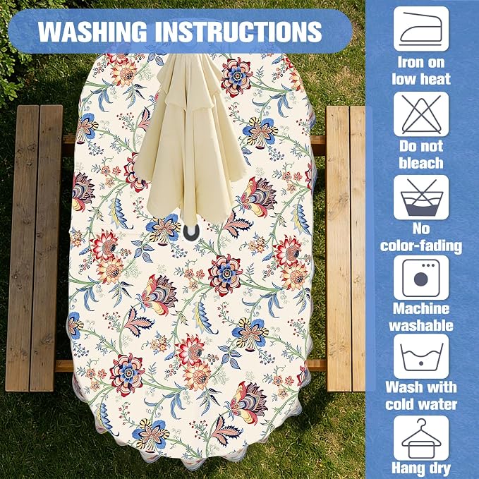 Vintage Flowers Outdoor Oval Tablecloth with Umbrella Hole 60" x 84" Waterproof Zipper Table Cloth for Patio Table - Ideal Tablecloths for Picnics, Camping, and Yard Use