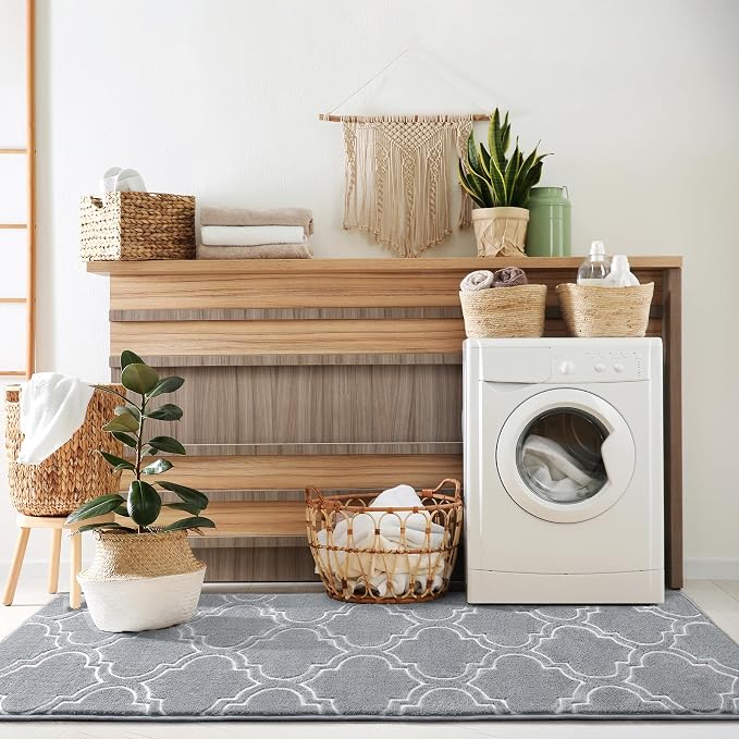 Chicrug 2x6 Shag Geometric Modern Runner Rug for Bedroom Hallway | Memory Foam Indoor Runner Carpet, Fluffy Rug for Living Room Bedside Room for Family, Grey and White