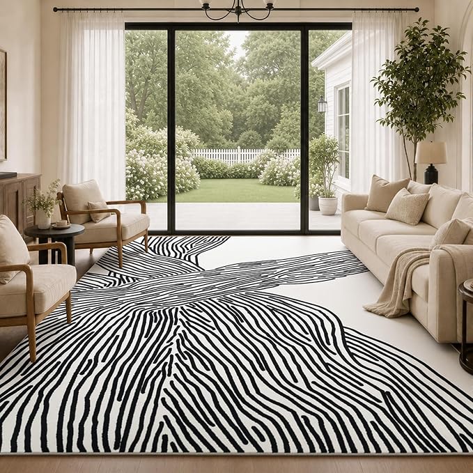 9×12 Ft Washable Rug, Black and White Abstract Area Rug for Bedroom, Living Room, Dining Room, Office, Playroom, Nursery, Ultra Thin Nonslip Modern Large Rugs Soft Contemporary Striped Rugs | Large modern abstract 9x12 rug, soft low pile with non-slip ...