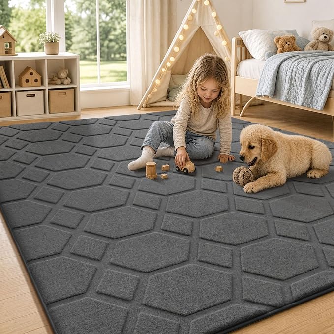 Sour Lemon 8x10 Area Rugs for Living Room Bedroom, Large Carpet Grey Rug | Big, Geometric Alfombra Para Salas Modernas, Washable, Non Slip Soft Thick Fluffy Plush, Memory foam Rug for Kids Playroom