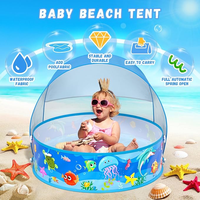 Baby Pool with Canopy Foldable Kiddie Pool with Sun Shade Pools for Toddlers Baby Beach Essentials Pop Up Tent Swimming Wading Pools Portable Summer Water Play for Indoor Outdoor Beach Backyards