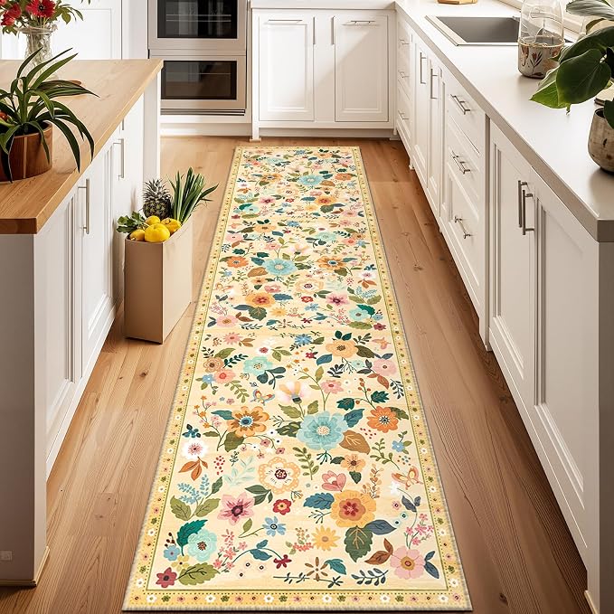 Floral Washable 2x8 Area Rugs Runner Entryway Hallway Yellow/Orange | Flower Carpet, Print, Boho, Non-Slip, Easy to Clean, Low Pile, Soft, for Living Room Bedroom Kitchen Office Entrance